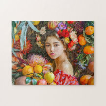 Vrouw met gemengd fruit en bloemendecor