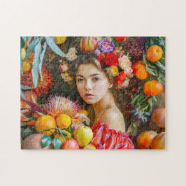Vrouw met gemengd fruit en bloemendecoratie legpuzzel