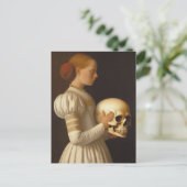 Vrouw met gigantische schedel  schilderij briefkaart (Staand voorkant)