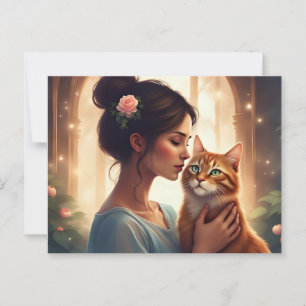 Vrouw met haar oranje kat briefkaart