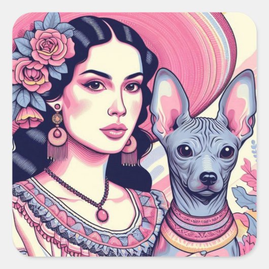 Vrouw met haar Xolo Mexicaanse haarloze hond Vierkante Sticker (Voorkant)