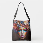 Vrouw met heldere make-up en bloemen kroon crossbody tas (Achterkant)