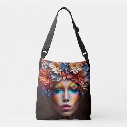 Vrouw met heldere make-up en bloemen kroon crossbody tas (Voorkant)
