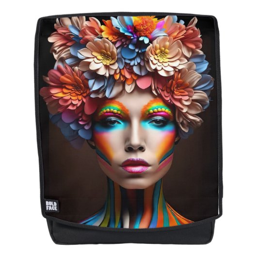 Vrouw met heldere make-up en bloemen kroon rugtassen (Voorkant)