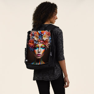 Vrouw met heldere make-up en bloemen kroon rugtassen