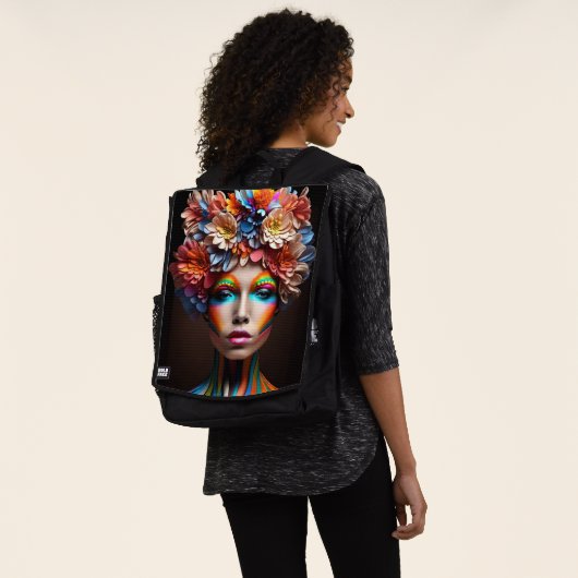 Vrouw met heldere make-up en bloemen kroon rugtassen (Gedragen)