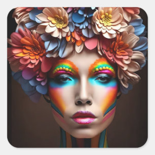 Vrouw met heldere make-up en bloemen kroon vierkante sticker