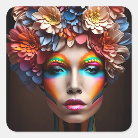 Vrouw met heldere make-up en bloemen kroon vierkante sticker (Voorkant)