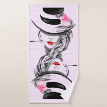 Vrouw met hoed Roze badhanddoek
