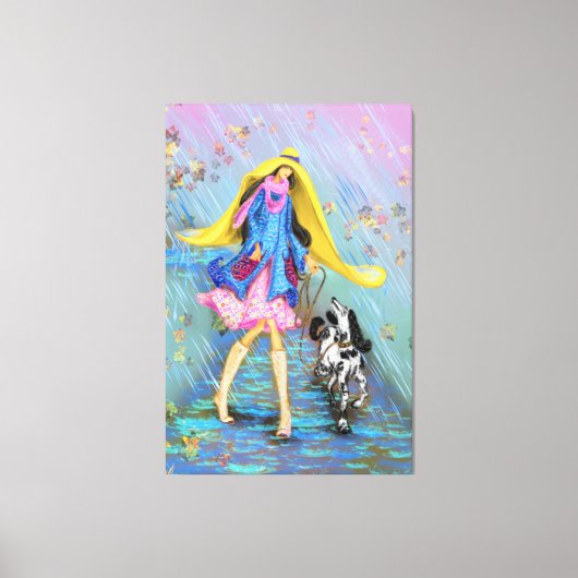Vrouw met Hond in de Regen Canvas Herfst Afdruk (Voorkant)