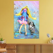 Vrouw met Hond in de Regen Canvas Herfst Afdruk (Insitu (Woonkamer))