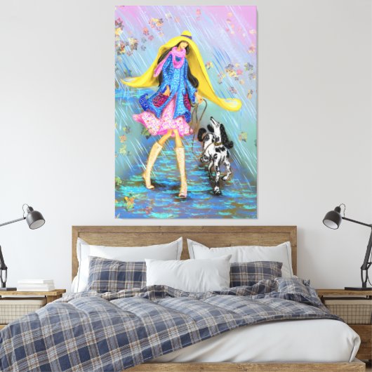 Vrouw met Hond in de Regen Canvas Herfst Afdruk (Insitu (Slaapkamer))