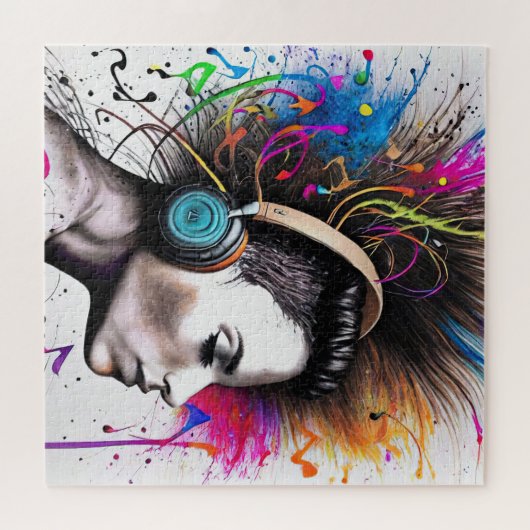 Vrouw met hoofdtelefoon legpuzzel (Horizontaal)