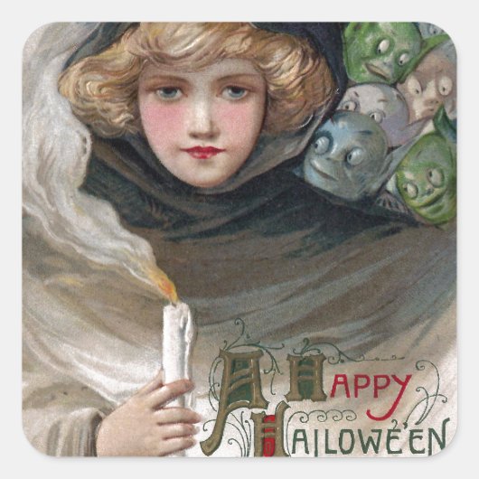Vrouw met kaars en goblins  Halloween Vierkante Sticker (Voorkant)