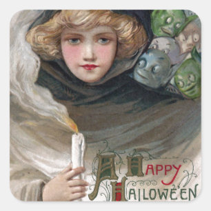 Vrouw met kaars en goblins Halloween Vierkante Sticker