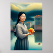 Vrouw met karper - canvas kunst afdrukken poster (Voorkant)
