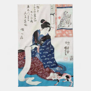 Vrouw met kat en rol, Kuniyoshi Theedoek