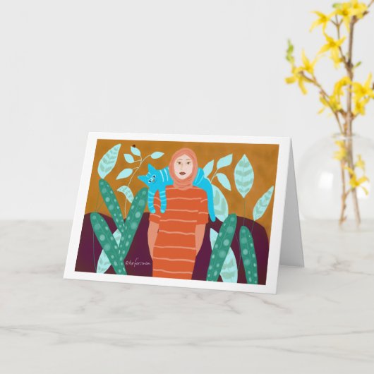 Vrouw met kat in garden.2 kaart (Gele Bloem)