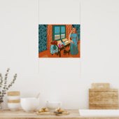 Vrouw met kat in huis bij zonlicht gelukkig zee poster (Keuken)