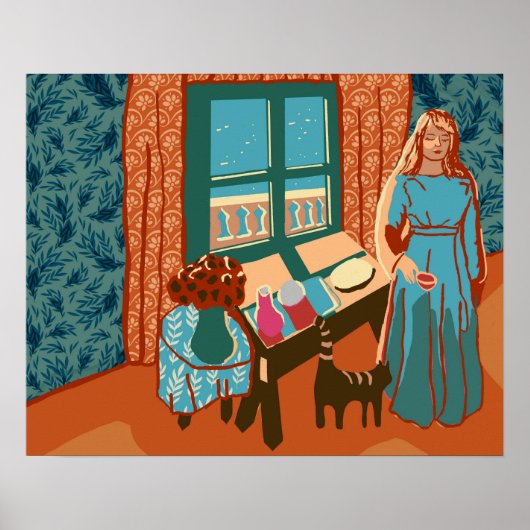 Vrouw met kat in huis bij zonlicht gelukkig zee poster (Voorkant)