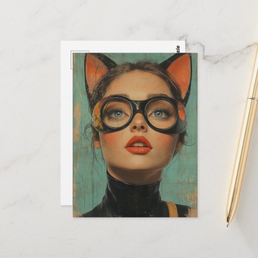 Vrouw met kattenoren briefkaart (Voorkant / Achterkant in situ)