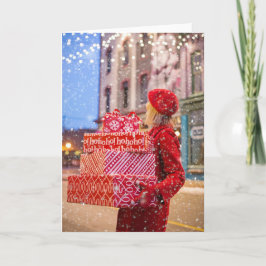 vrouw met kerstcadeaus feestdagen kaart