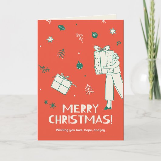 Vrouw met kerstcadeauschets kaart (Voorkant)