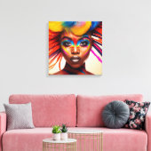 Vrouw met kleurrijke make-up en veren op haar hoof canvas afdruk (Insitu (Woonkamer))