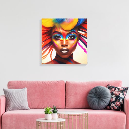 Vrouw met kleurrijke make-up en veren op haar hoof canvas afdruk (Insitu (Woonkamer))