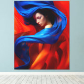 Vrouw met kobaltblauwe sluier op Oranje achtergron Canvas Afdruk (Insitu (Houten vloer))