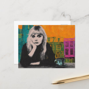 Vrouw met koffie Kleurrijke Mixed Media Briefkaart
