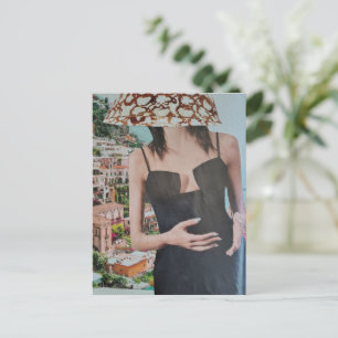 Vrouw met kom op haar hoofd surreële collage briefkaart
