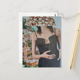 Vrouw met kom op haar hoofd surreële collage briefkaart