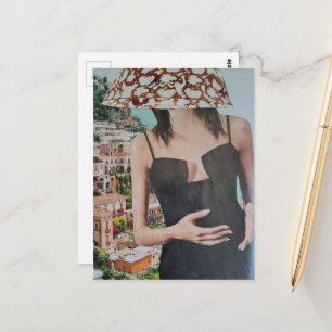 Vrouw met kom op haar hoofd surreële collage briefkaart