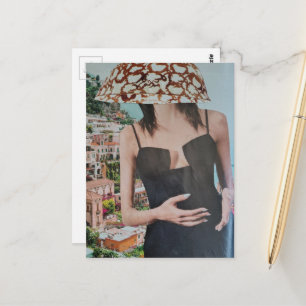 Vrouw met kom op haar hoofd surreële collage briefkaart