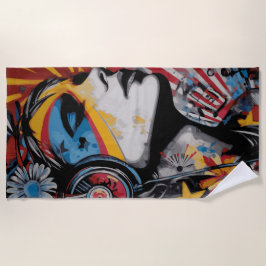 Vrouw met Koptelefoon Straatkunst Portret Strandlaken