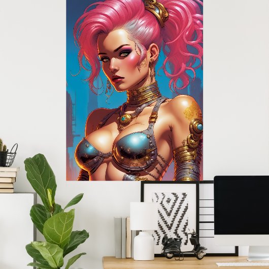 Vrouw met mooi roze haar poster (Thuiskantoor)