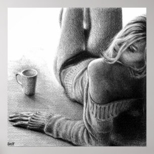 Vrouw met ochtendkoffie Potlood tekening kunst Poster