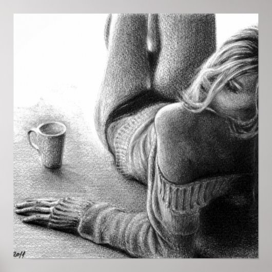 Vrouw met ochtendkoffie Potlood tekening kunst Poster (Voorkant)