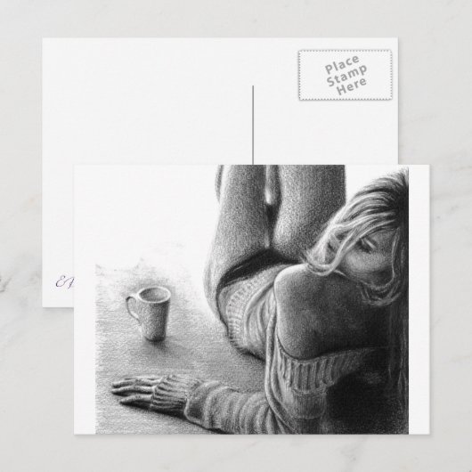 Vrouw met ochtendkoffie Potlood tekenkunst Briefkaart (Voorkant / Achterkant)