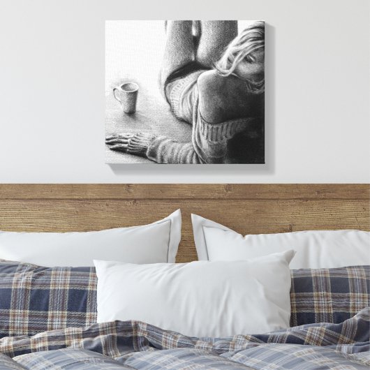 Vrouw met ochtendkoffie Potlood tekenkunst Canvas Afdruk (Insitu (Slaapkamer))