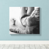 Vrouw met ochtendkoffie Potlood tekenkunst Canvas Afdruk (Insitu (Houten vloer))