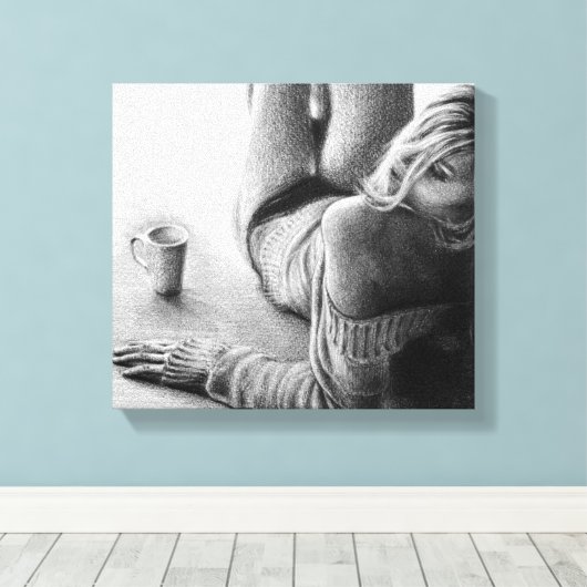 Vrouw met ochtendkoffie Potlood tekenkunst Canvas Afdruk (Insitu (Houten vloer))