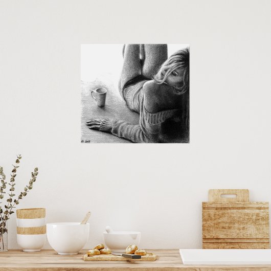 Vrouw met ochtendkoffie Potlood tekenkunst Poster (Keuken)