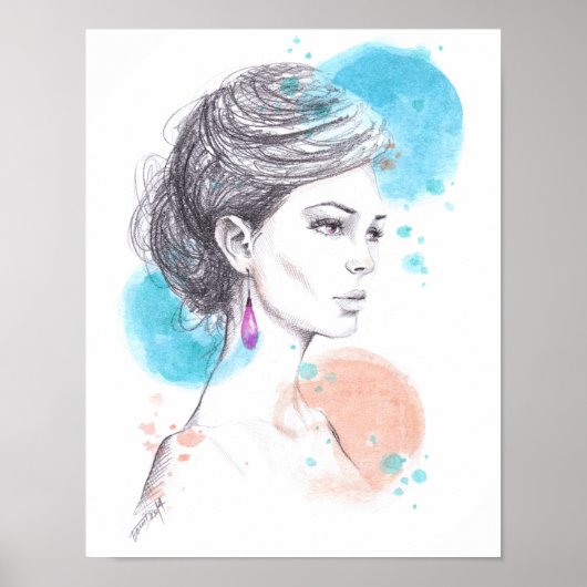 Vrouw met oorbel Mode-illustratie Schets Poster (Voorkant)