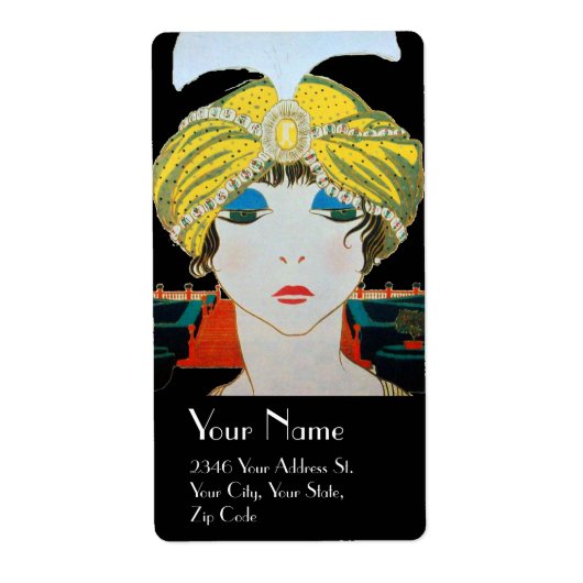 VROUW MET ORIENTAAL GEEL TURBAN / Mode van schoonh Etiket (Voorkant)