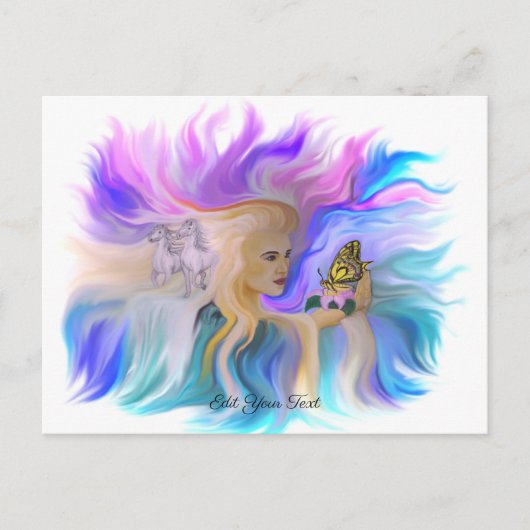 Vrouw met paarden en vlinder briefkaart (Voorkant)