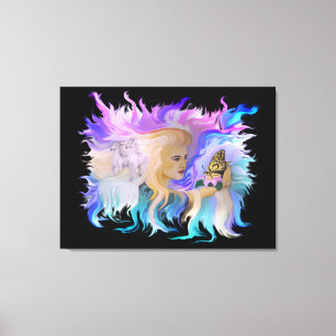 Vrouw met paarden en vlinder canvas afdruk
