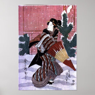 Vrouw met paraplu in de sneeuw poster