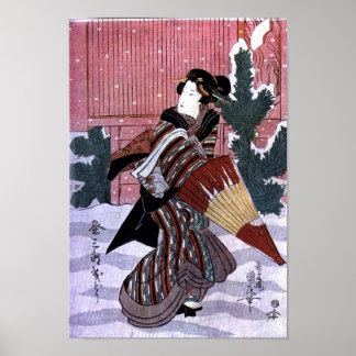 Vrouw met paraplu in de sneeuw poster